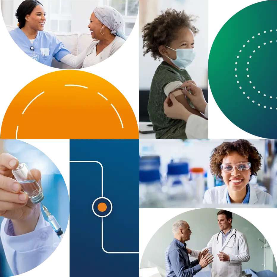 Photo collage of healthcare professional and oncology patient smiling, child patient receiving vaccination, vaccine syringe, lab tech smiling, and doctor consulting with elderly patient