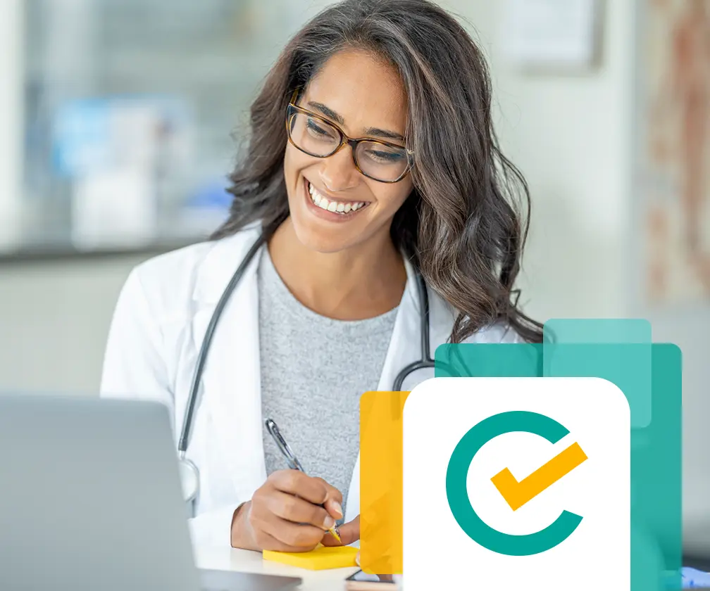 photo of female medical professional smiling as she checks her McKesson Choice Rewards dashboard online