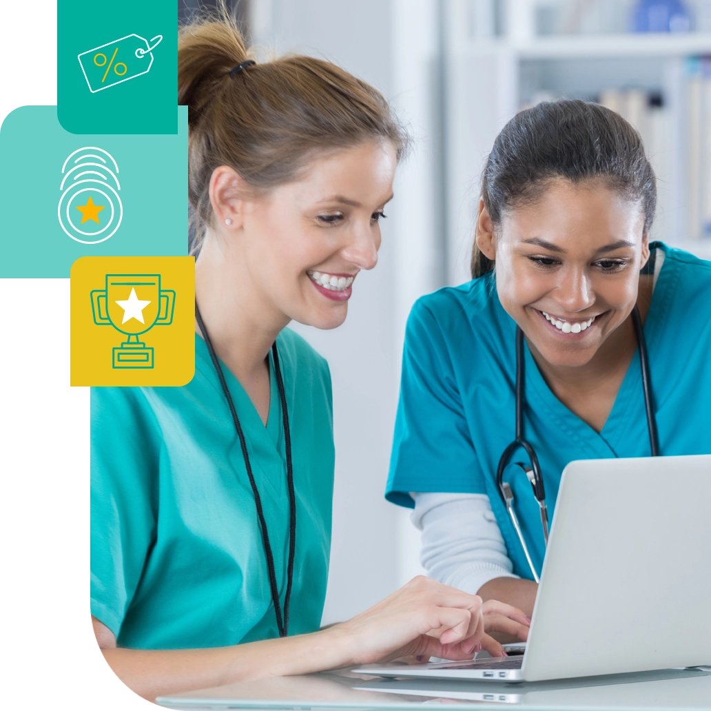 photo of two female medical professionals smiling as they review a laptop screen with McKesson Choice Rewards symbols