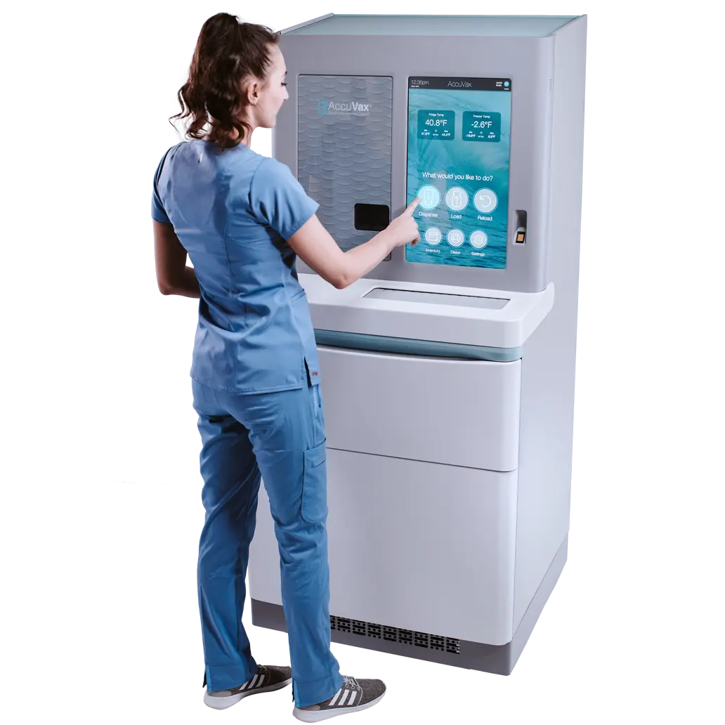 photo of a female nurse using AccuVax equipment to manage vaccines