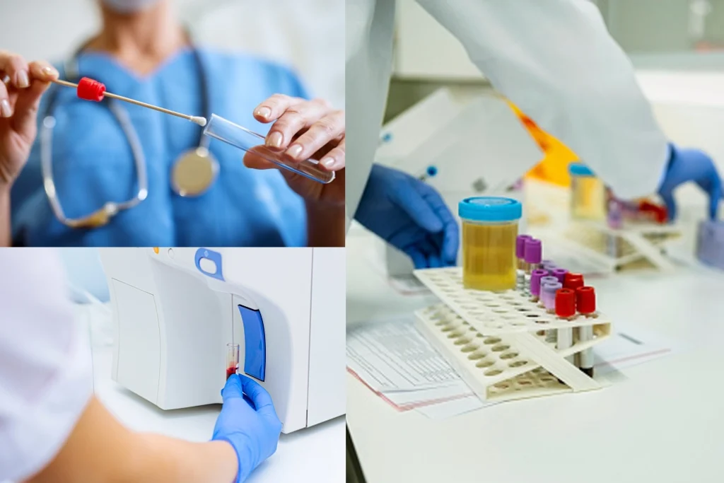 a collage of photos of a nurse inserting a nasopharyngeal swab into a test tube, a blood specimen being held up to a clinical analyzer, and a urine specimen sitting next to a test tube rack
