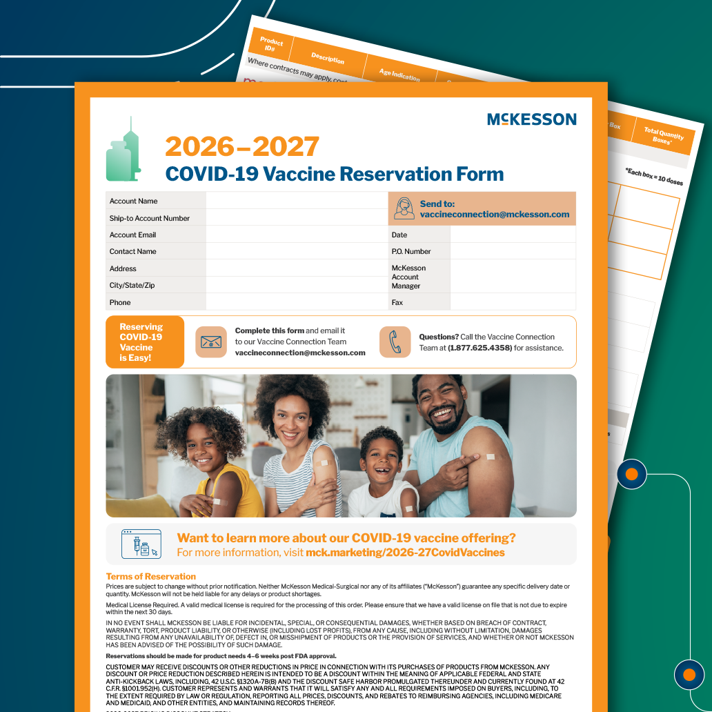 photo of the 2026-2027 COVID-19 Vaccination Reservation Form with a photo of a family of four smiling and pointing to adhesive bandages on their upper arms from where they received vaccinations