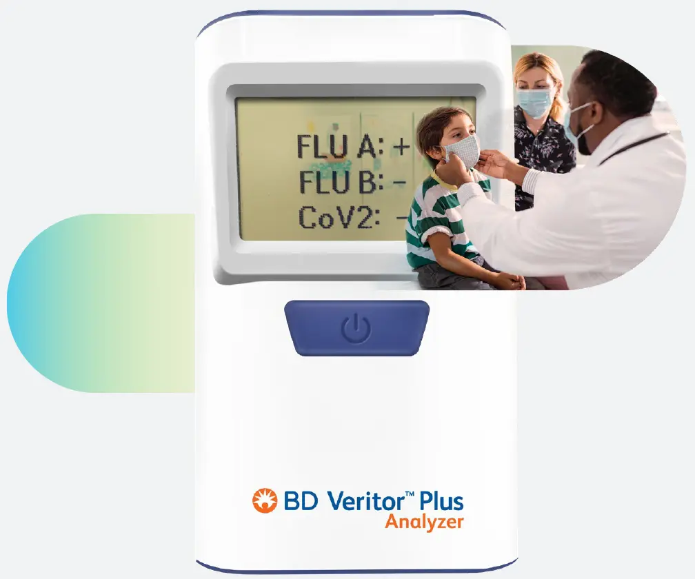image of the BD Veritor Plus Analyzer with Flu A positive result on the screen with a photo of a doctor examining a child patient with a parent observing
