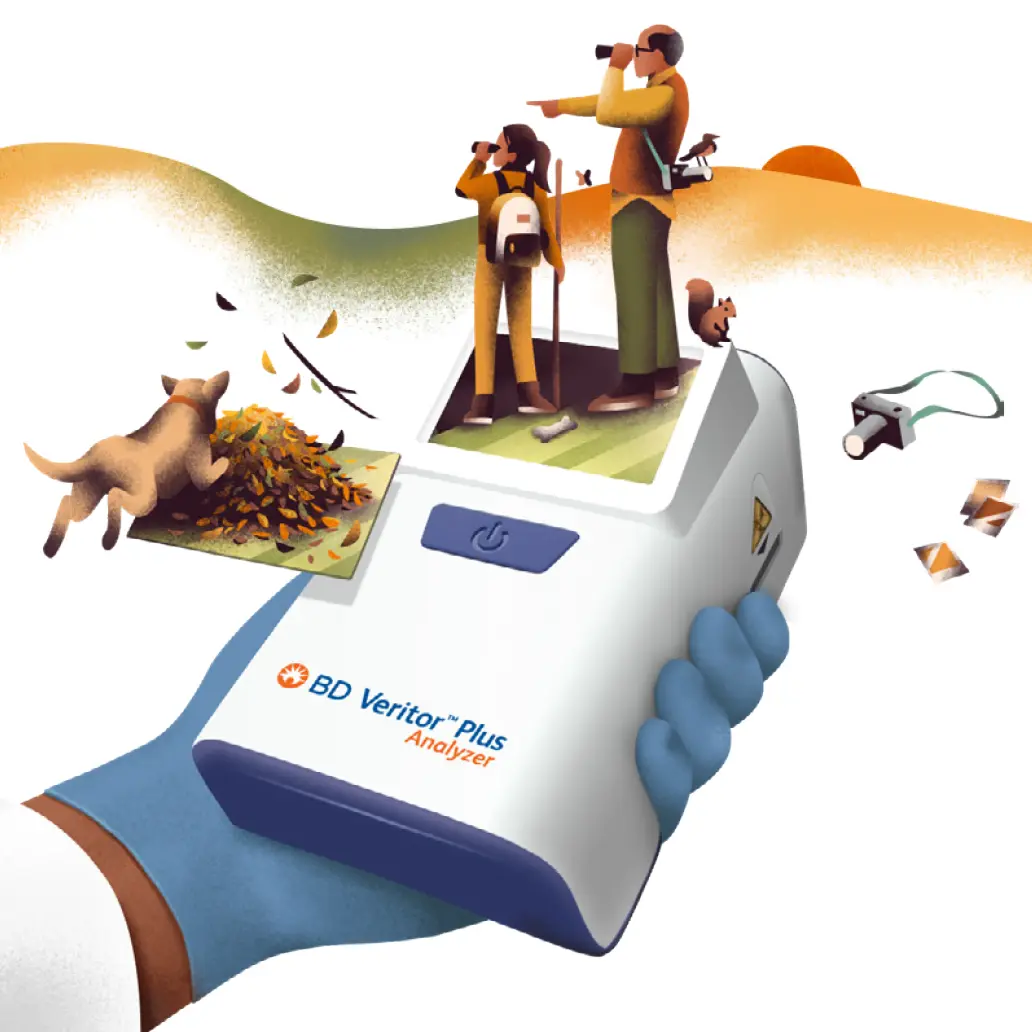 image of the BD Veritor Plus Analyzer with images of people outside hiking and a dog jumping into a pile of leaves