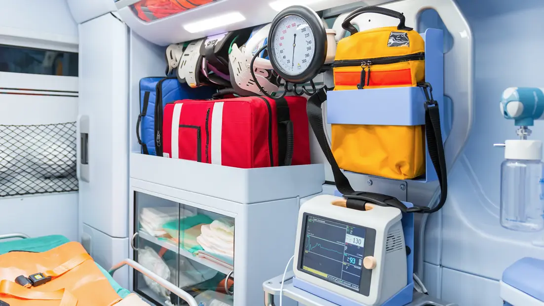 photo of emergency medical supplies and an EMS bag within an ambulance
