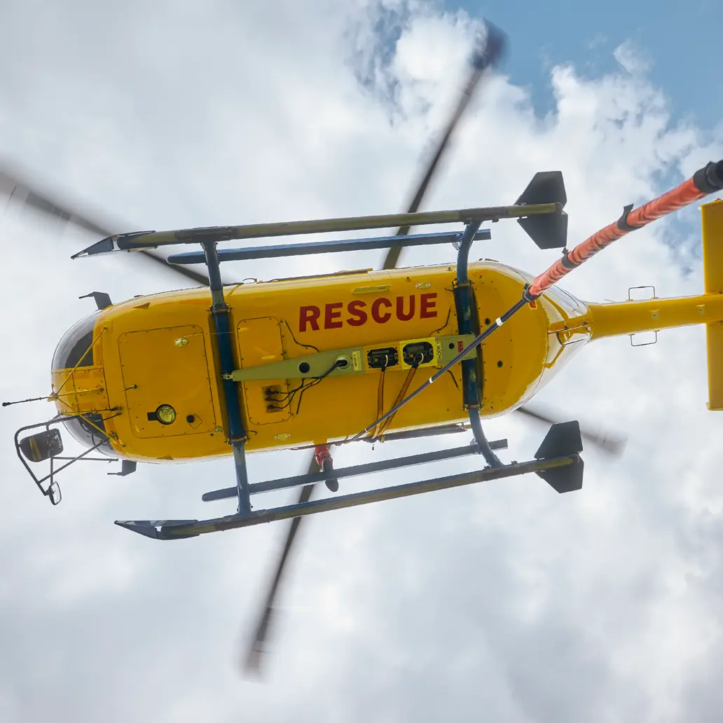 photo of the underside of a rescue helicopter