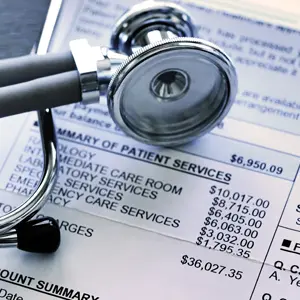 photo of a stethoscope on top of an itemized bill or invoice