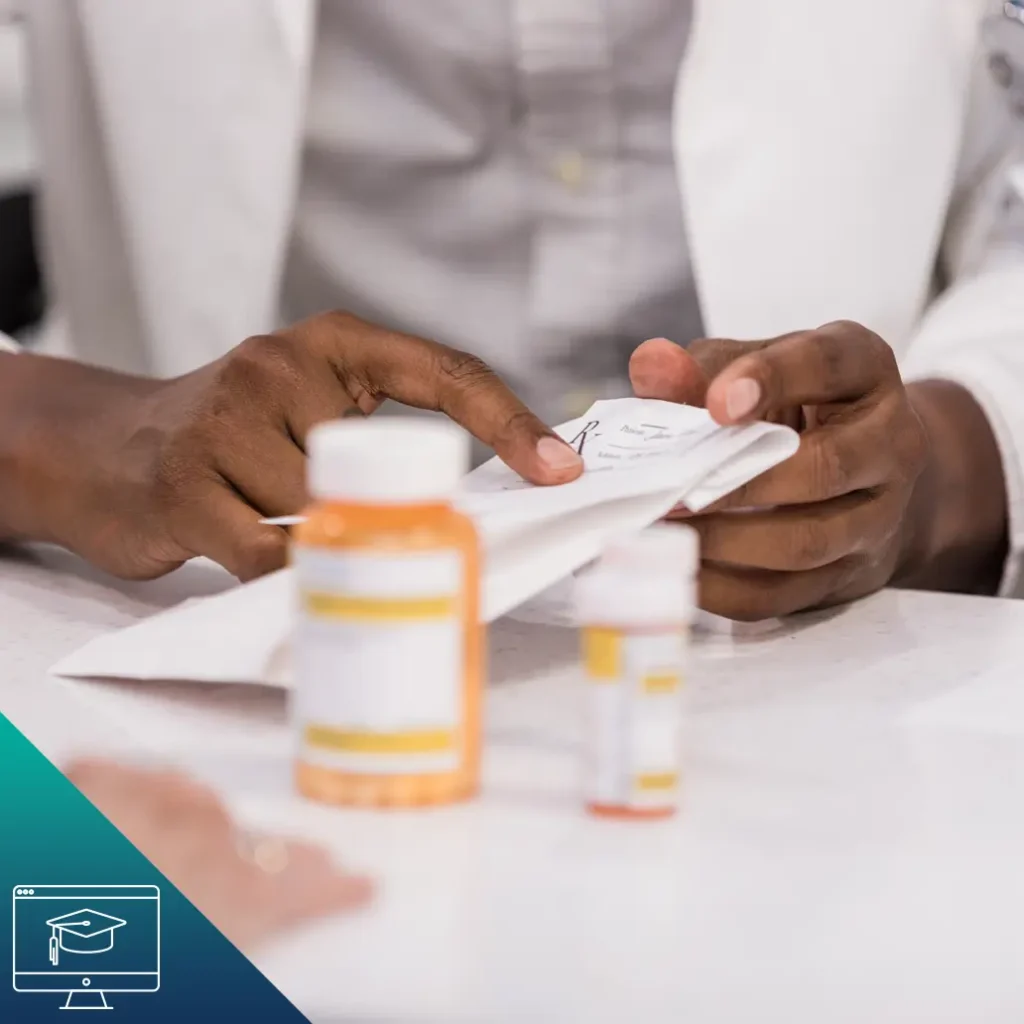 photo of a pharmacist pointing to a prescription medication and an icon for mortarboard inside a computer screen for online learning