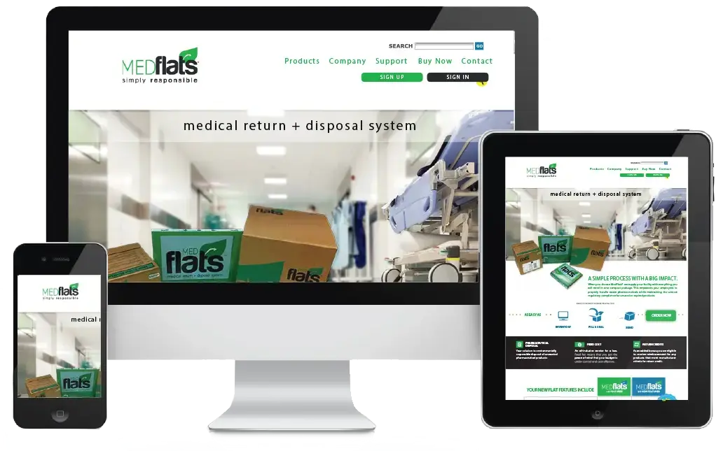 image of MedFlats website home page on a computer desktop screen, a mobile tablet screen and also a mobile phone screen