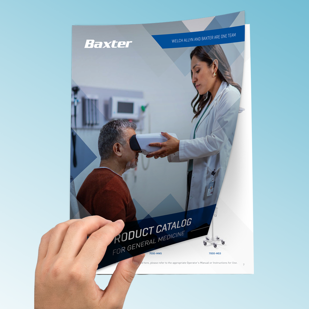 Icon of Baxter / Welch Allyn product catalog with hand turning the page